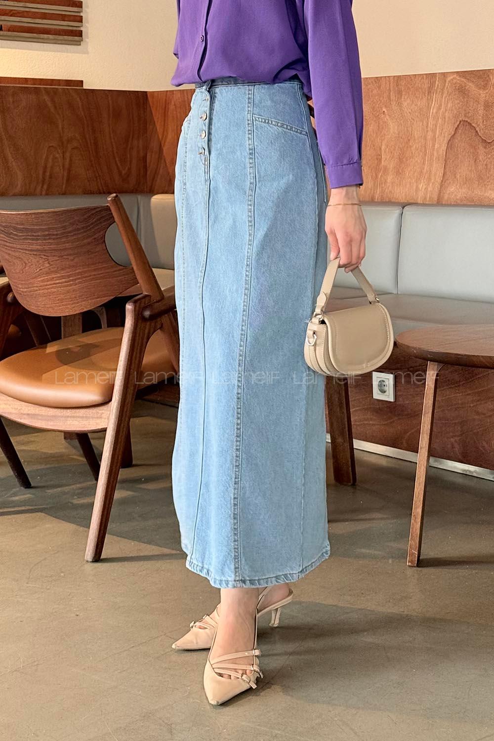 Lamelif Düğme Detaylı Kuplu Tesettür Kot Etek Buz Mavisi