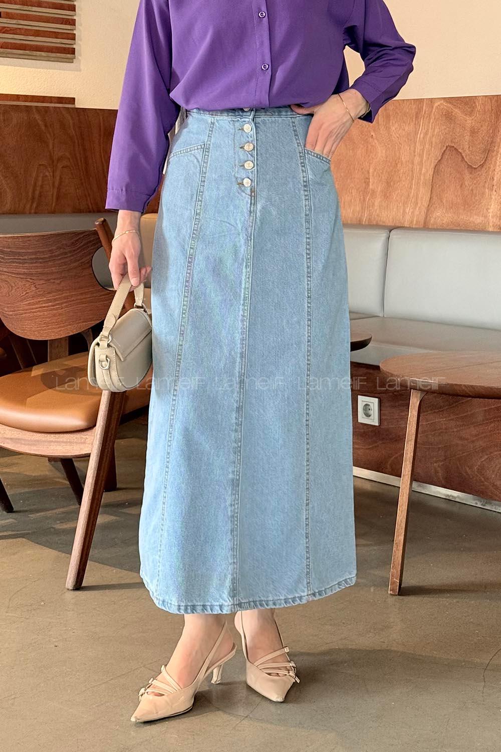 Lamelif Düğme Detaylı Kuplu Tesettür Kot Etek Buz Mavisi