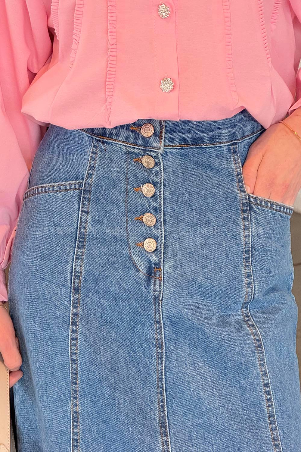 Lamelif Düğme Detaylı Kuplu Tesettür Kot Etek Mavi