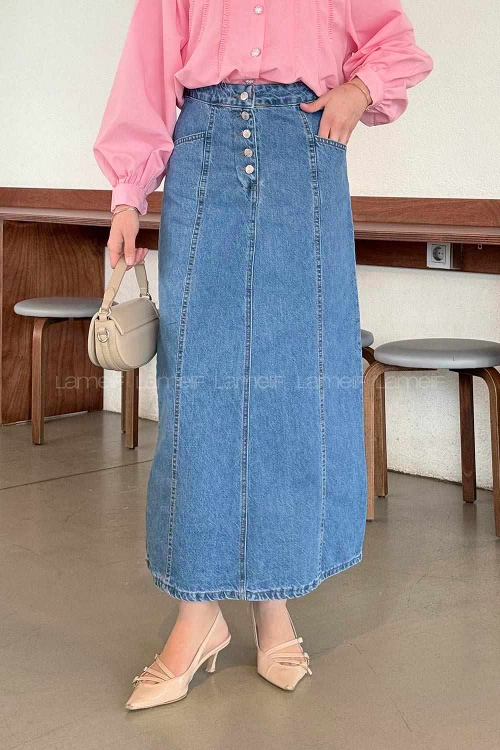 Lamelif Düğme Detaylı Kuplu Tesettür Kot Etek Mavi