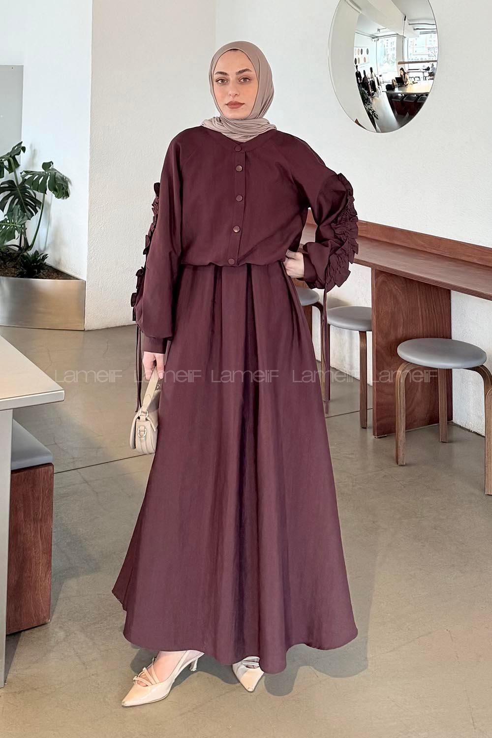 Lamelif Kol Büzgülü Ceket Jile Takım Mürdüm