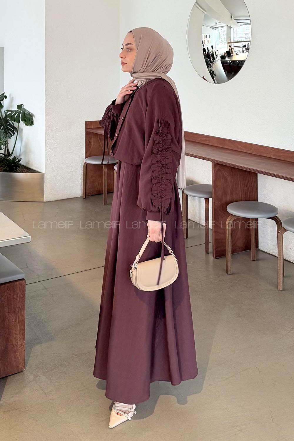 Lamelif Kol Büzgülü Ceket Jile Takım Mürdüm