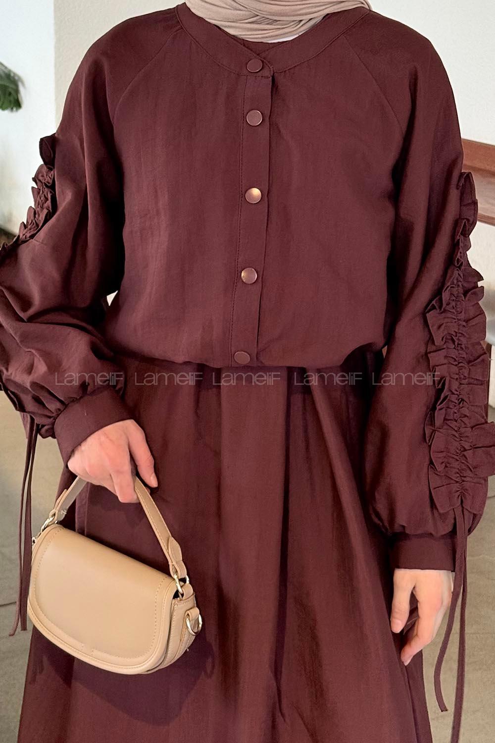 Lamelif Kol Büzgülü Ceket Jile Takım Mürdüm