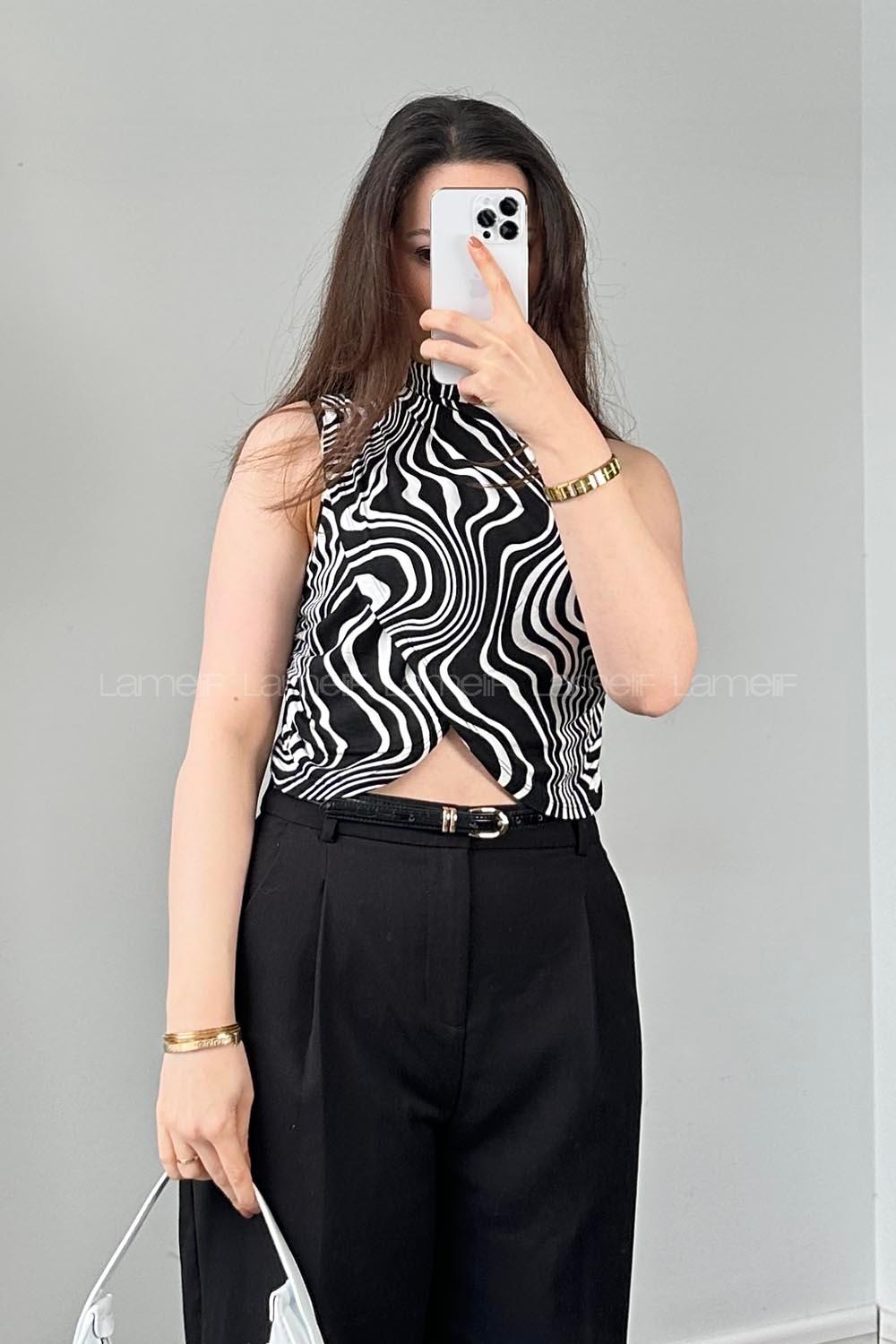 Lamelif Kruvaze Detaylı Dalga Desen Body Siyah