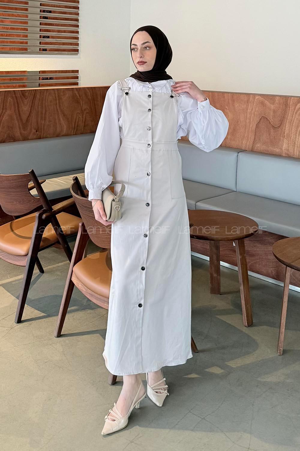 Lamelif Önü Boydan Düğmeli Salopet Açık Gri