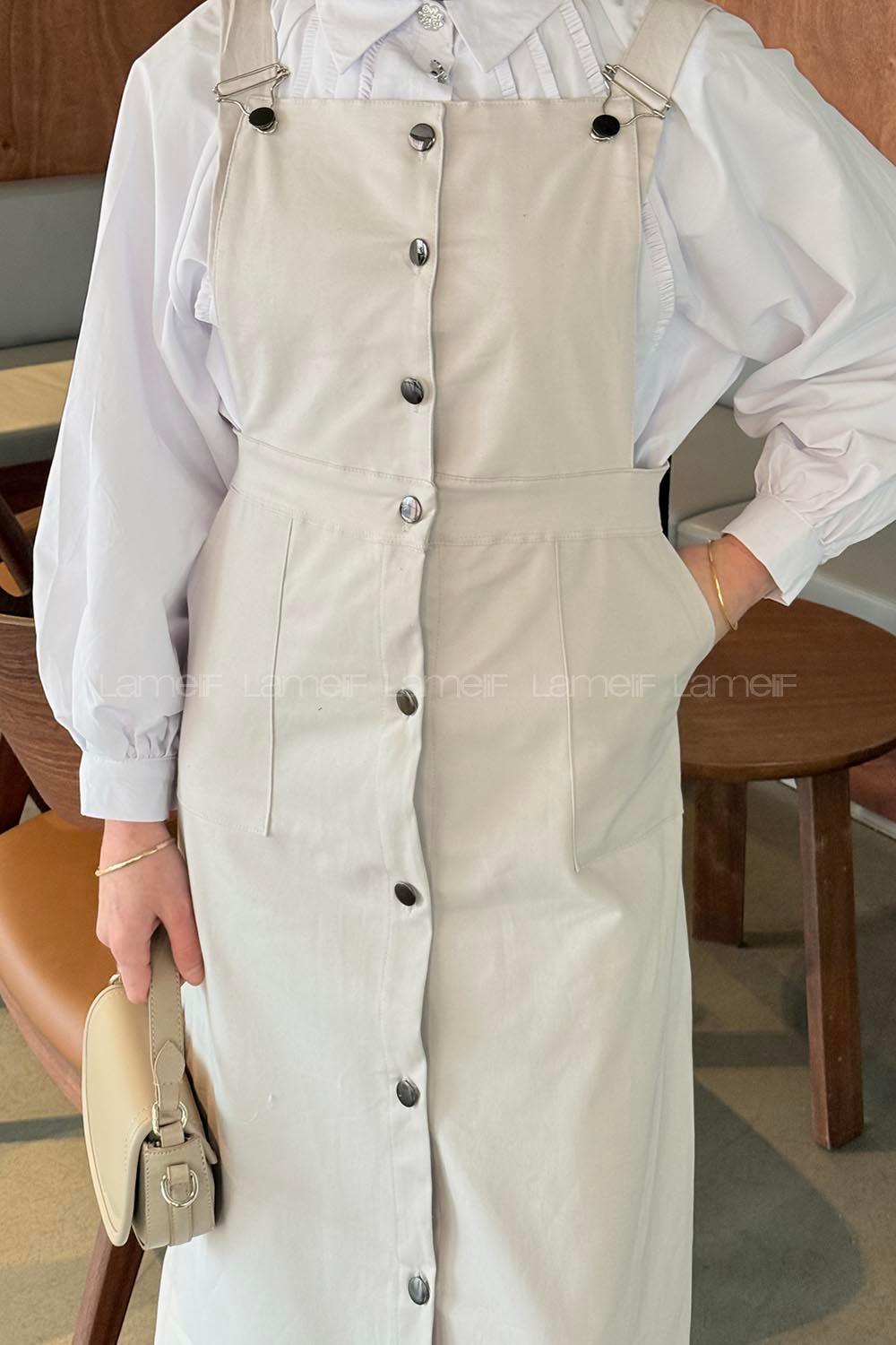 Lamelif Önü Boydan Düğmeli Salopet Açık Gri