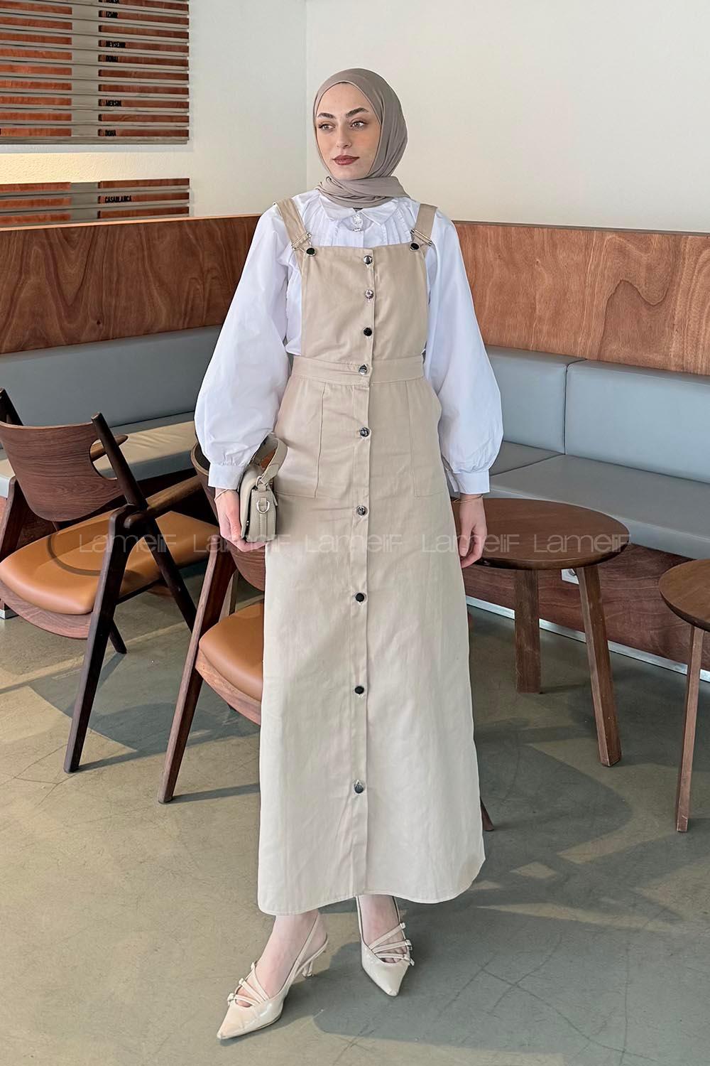 Lamelif Önü Boydan Düğmeli Salopet Krem