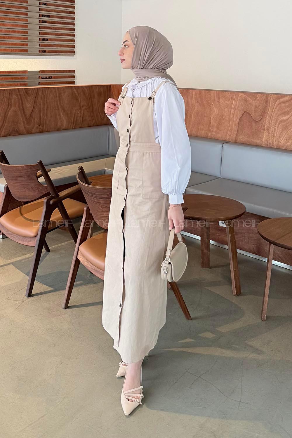 Lamelif Önü Boydan Düğmeli Salopet Krem