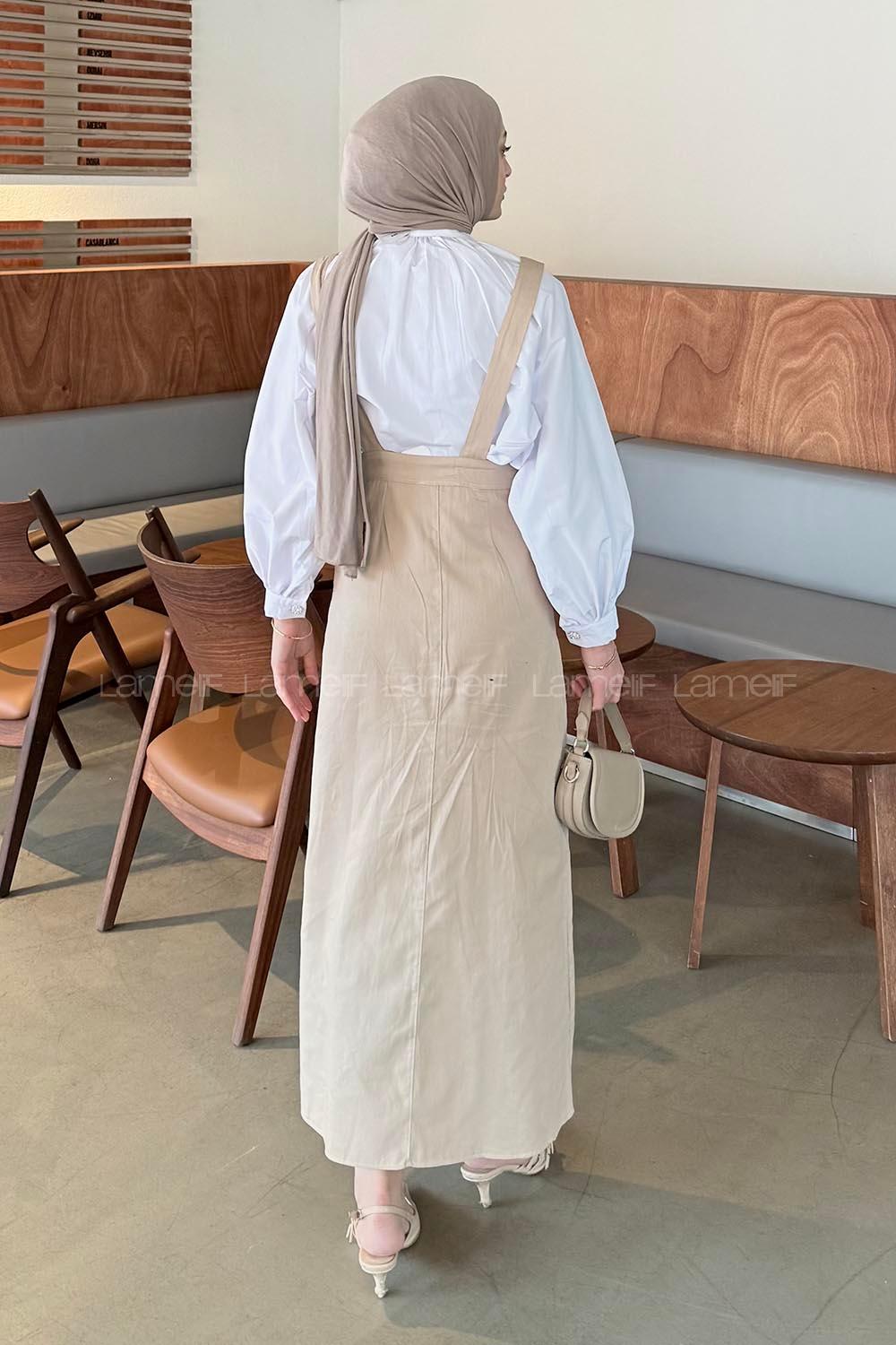 Lamelif Önü Boydan Düğmeli Salopet Krem