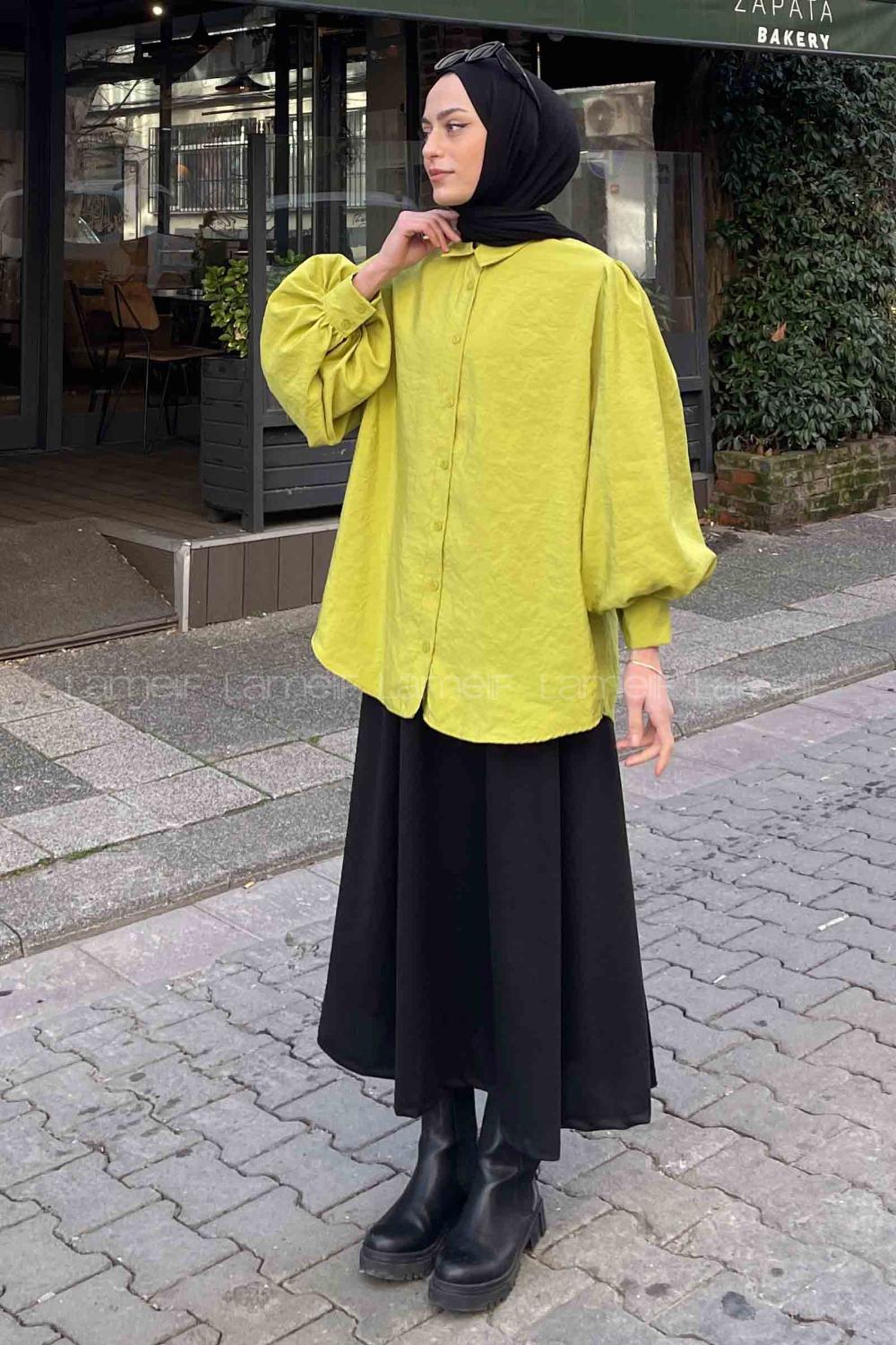 Lamelif Sedef Balon Kol Gömlek Fıstık Yeşili