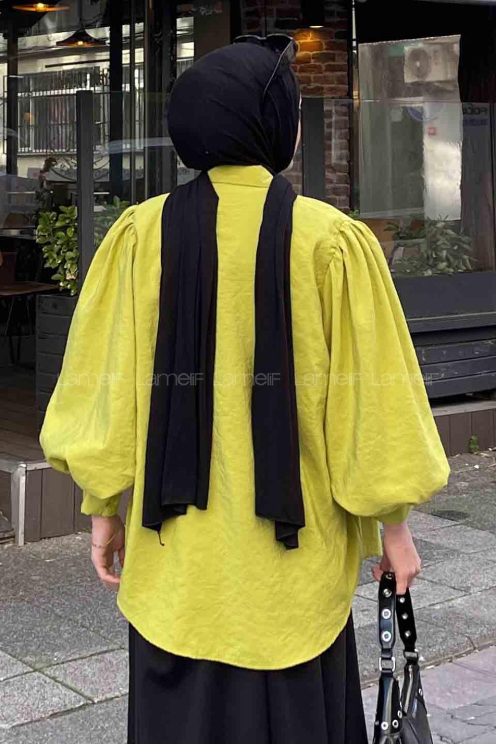 Lamelif Sedef Balon Kol Gömlek Fıstık Yeşili
