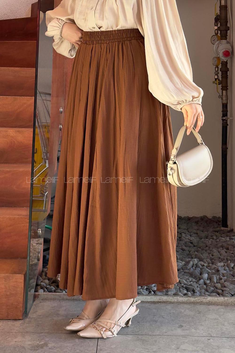 Lamelif Beli Lastikli Uzun Gofre Tesettür Etek Acı Kahve