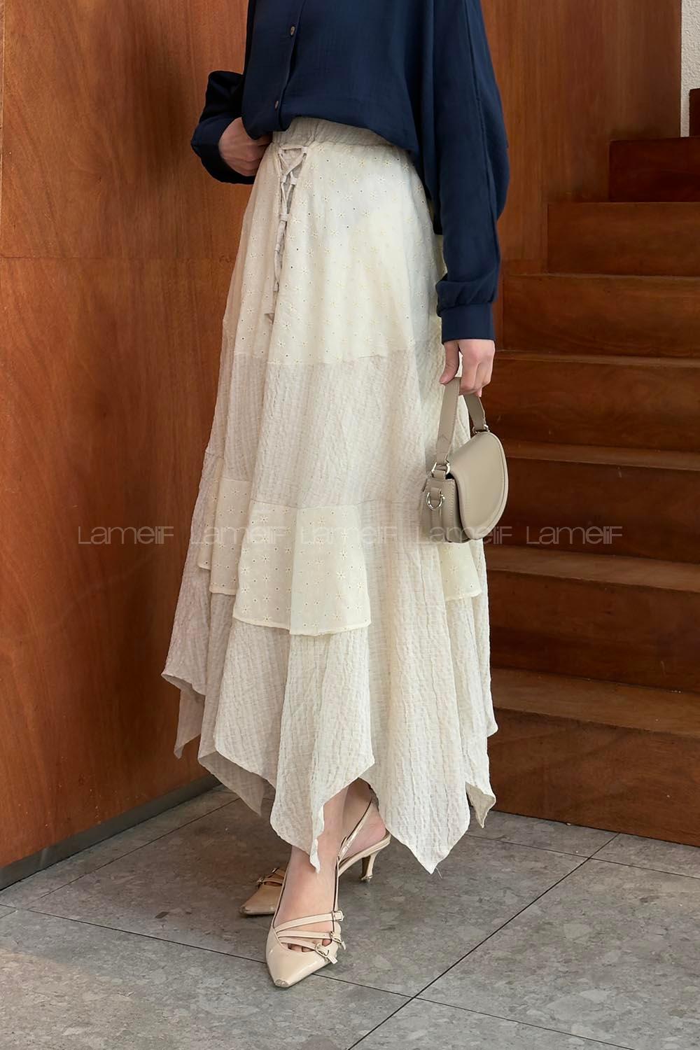 Lamelif Brode Parçalı Tesettür Etek Taş Rengi