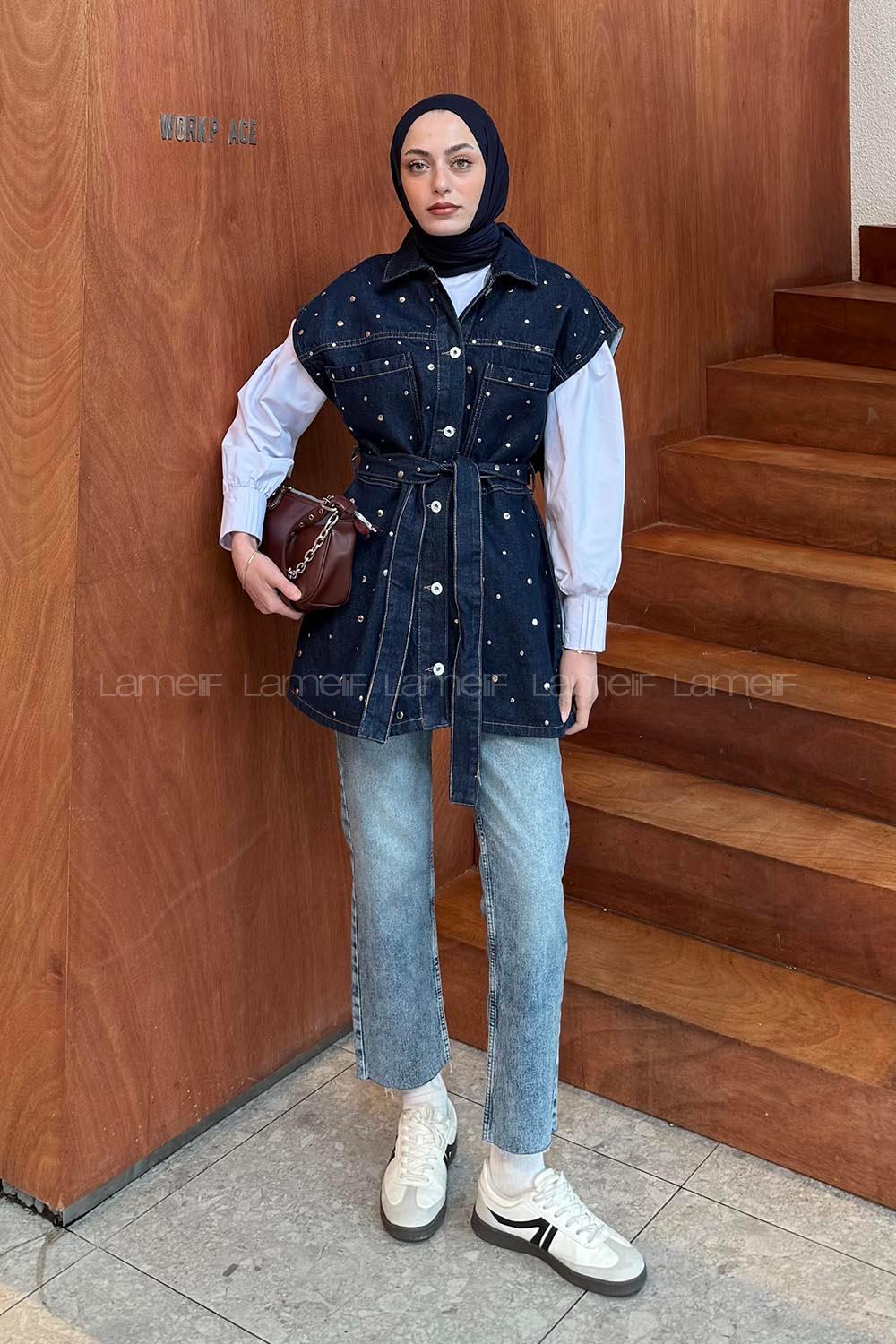 Lamelif Düğmeli Kot Yelek Koyu Mavi