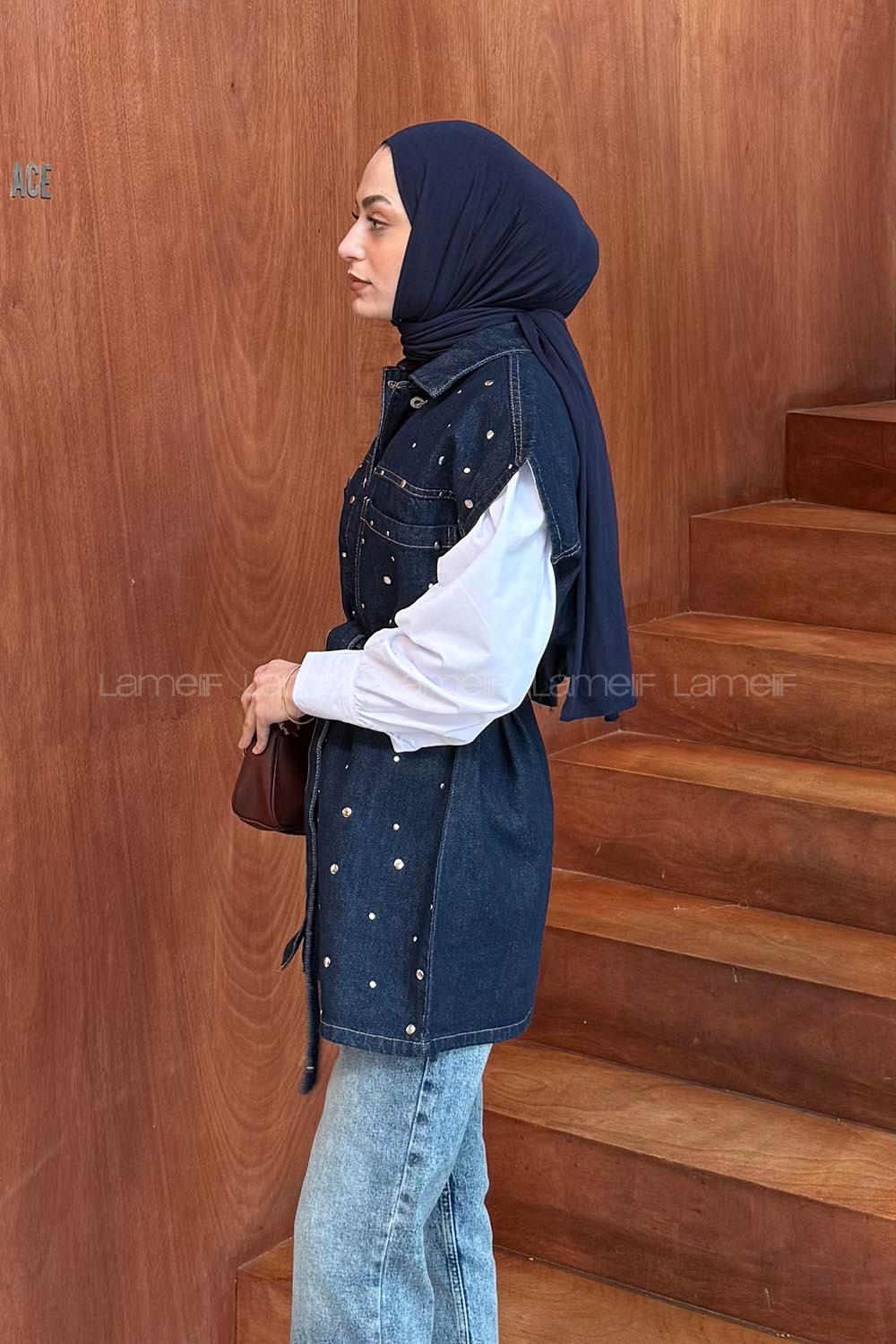 Lamelif Düğmeli Kot Yelek Koyu Mavi