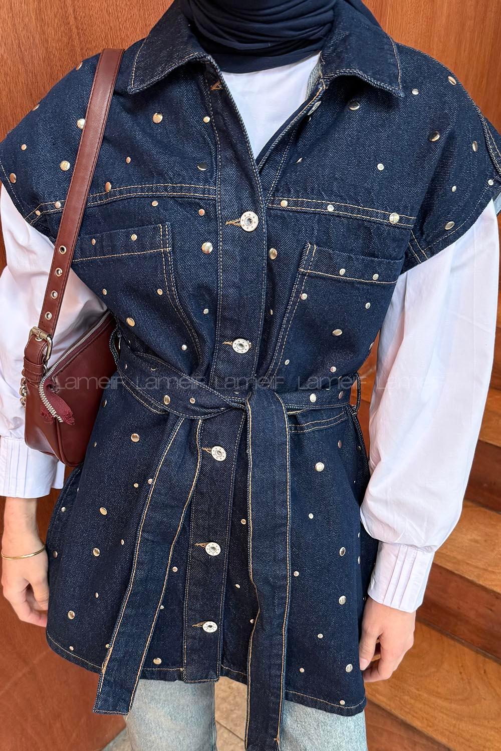 Lamelif Düğmeli Kot Yelek Koyu Mavi