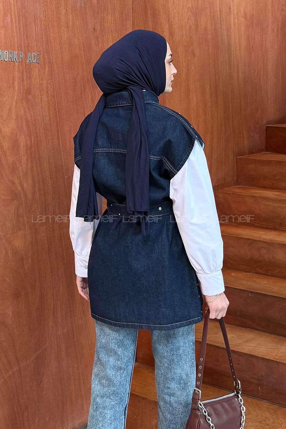 Lamelif Düğmeli Kot Yelek Koyu Mavi