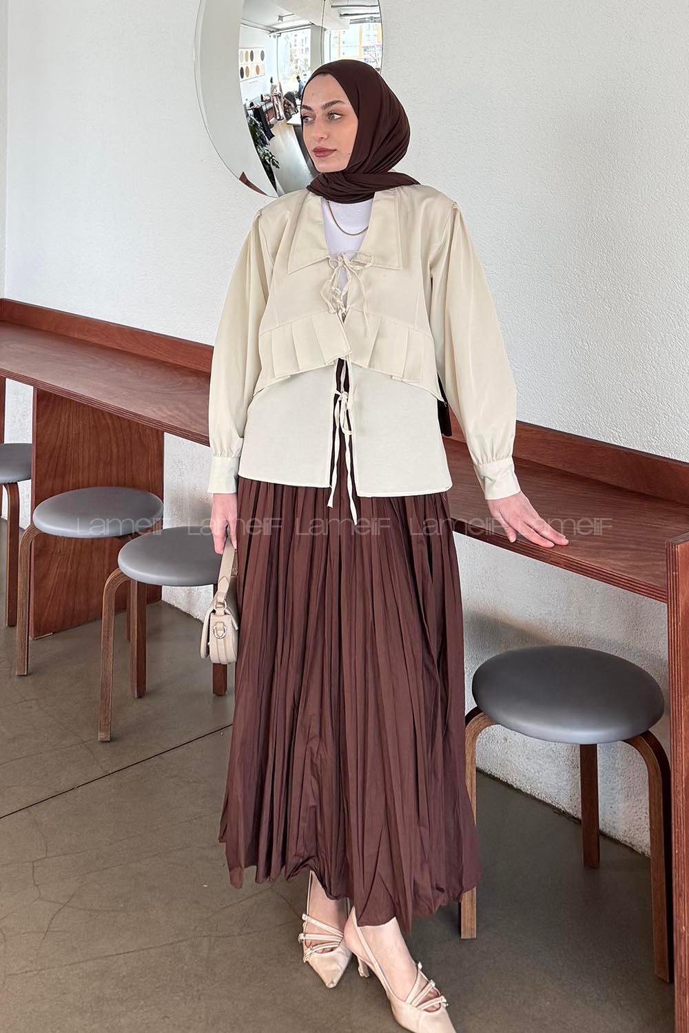Lamelif Fırfır Detaylı Tesettür Gömlek Bej