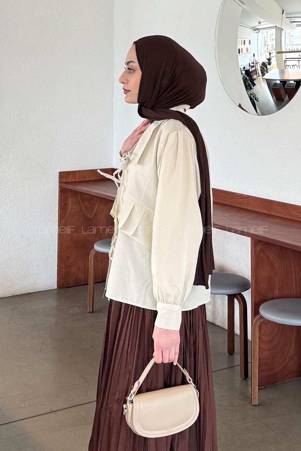 Lamelif Fırfır Detaylı Tesettür Gömlek Bej