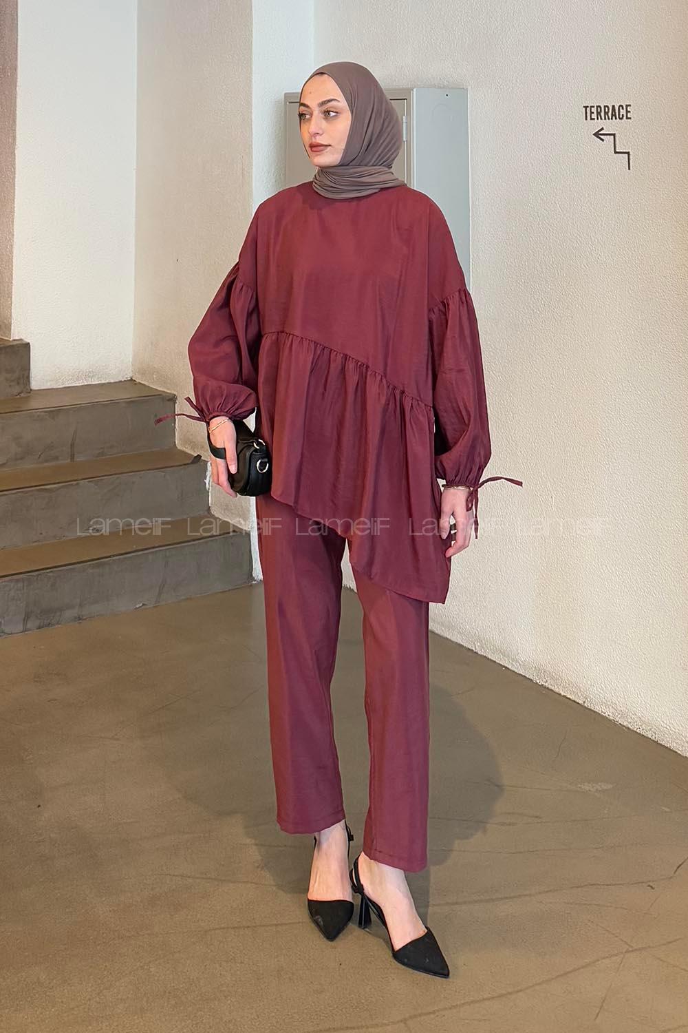 Lamelif Fırfırlı Bluz Pantolon Takım Bordo