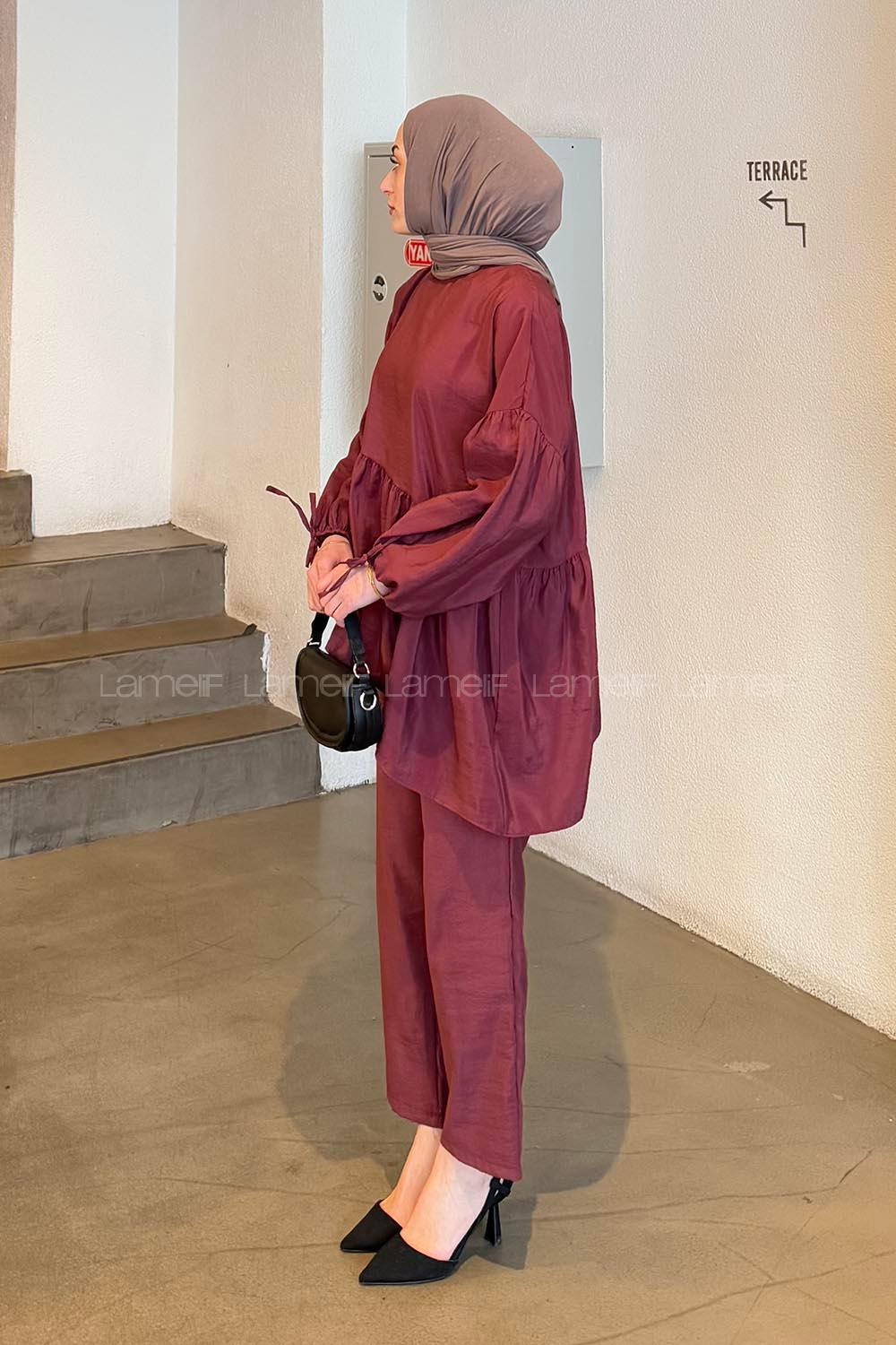 Lamelif Fırfırlı Bluz Pantolon Takım Bordo