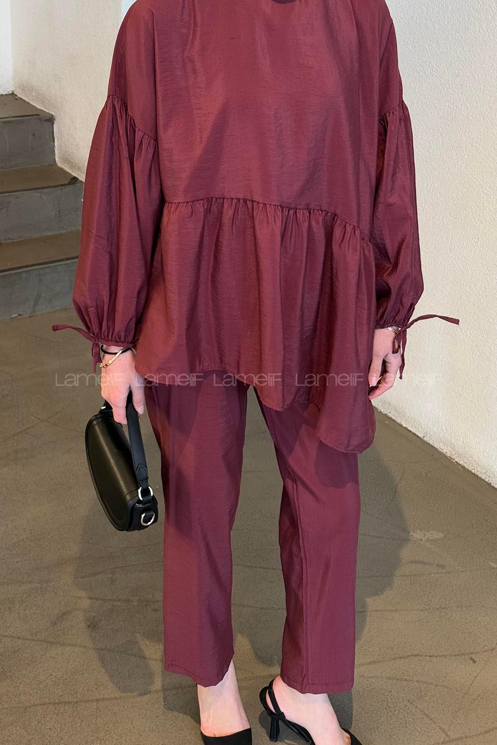 Lamelif Fırfırlı Bluz Pantolon Takım Bordo