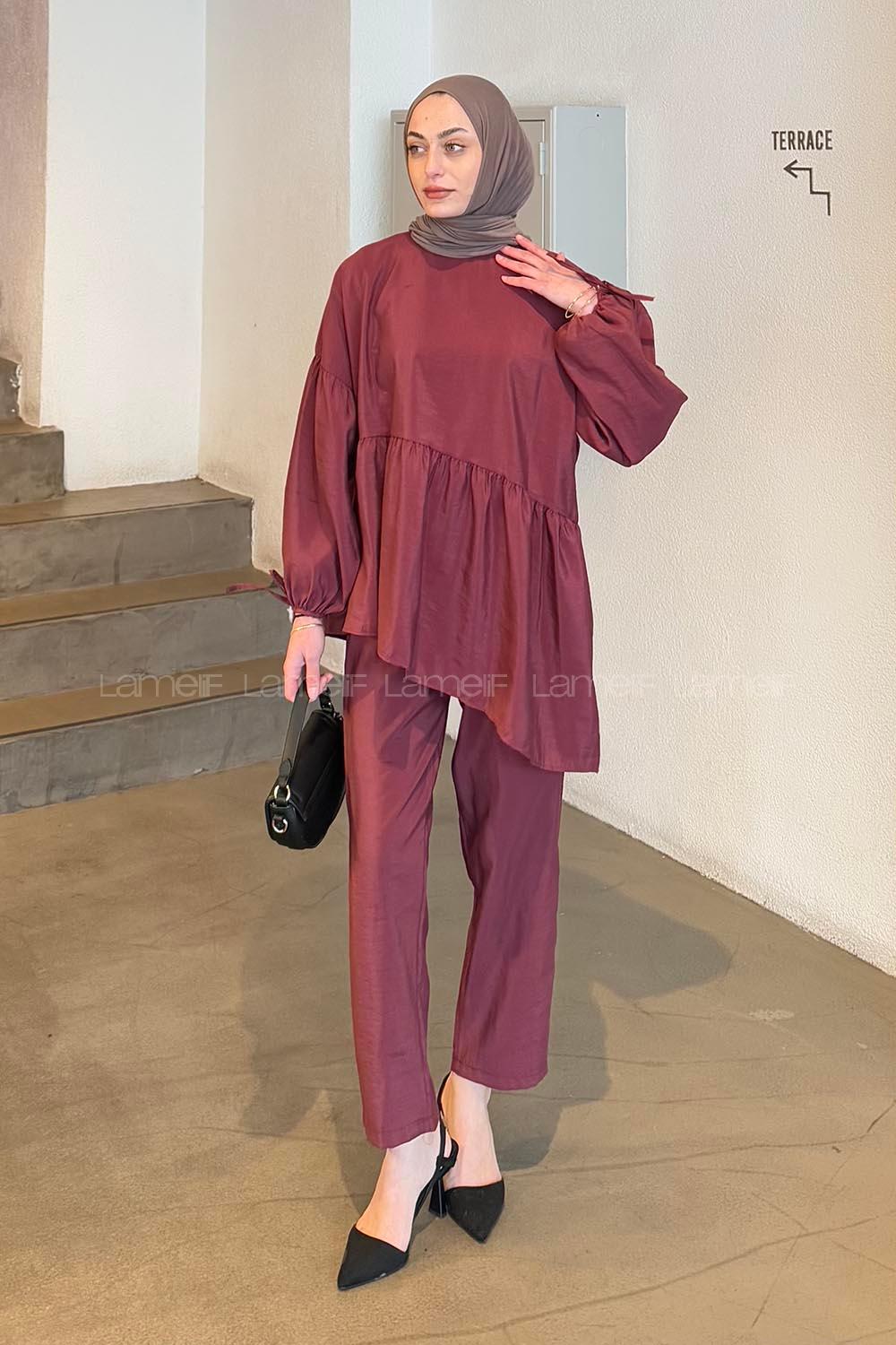 Lamelif Fırfırlı Bluz Pantolon Takım Bordo