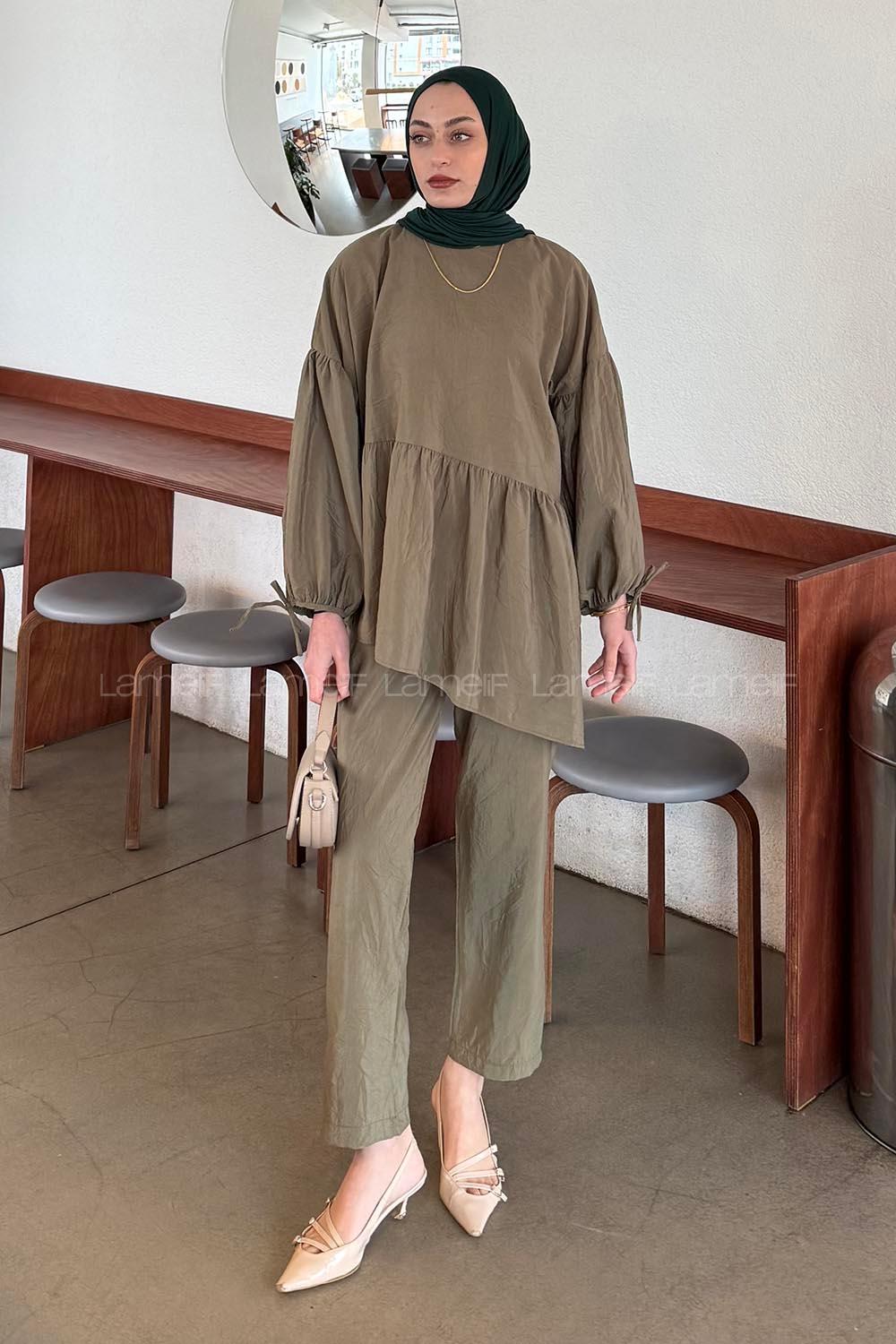 Lamelif Fırfırlı Bluz Pantolon Takım Haki