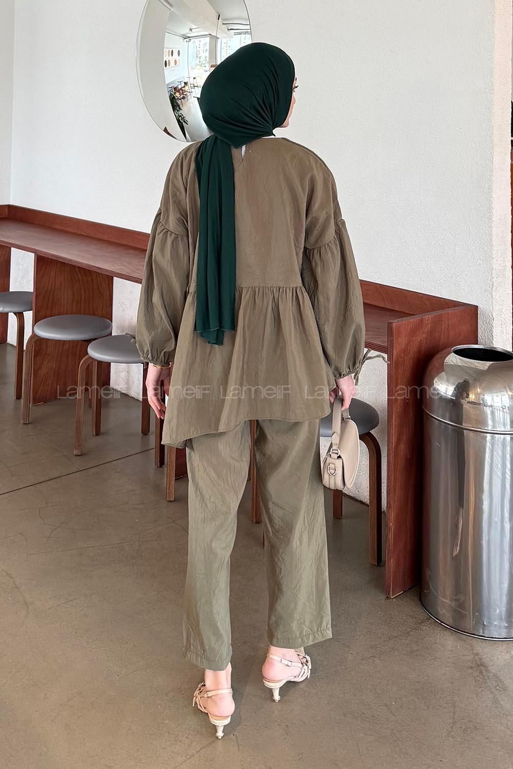 Lamelif Fırfırlı Bluz Pantolon Takım Haki