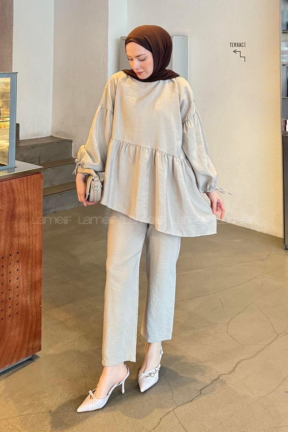 Lamelif Fırfırlı Bluz Pantolon Takım Taş