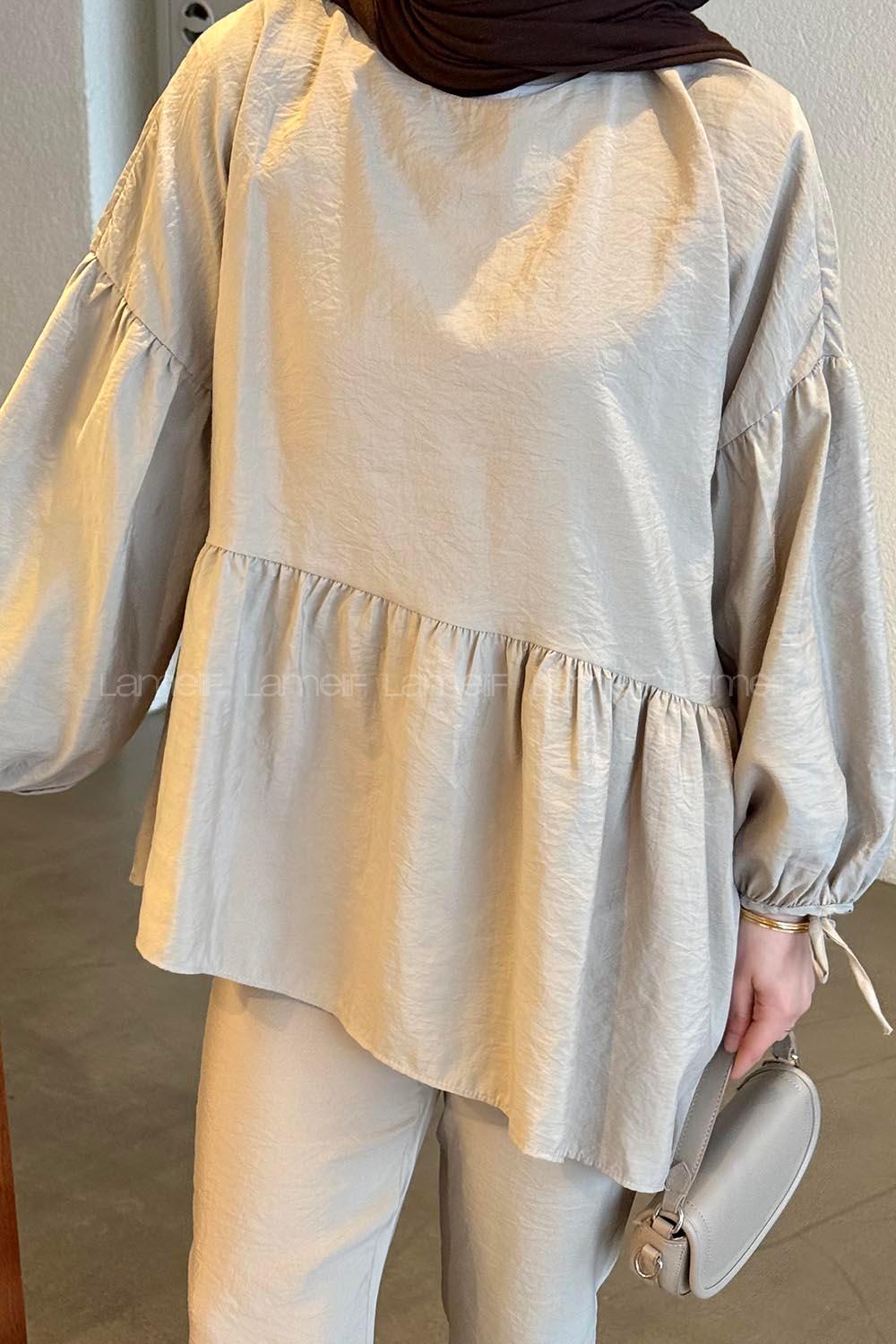 Lamelif Fırfırlı Bluz Pantolon Takım Taş