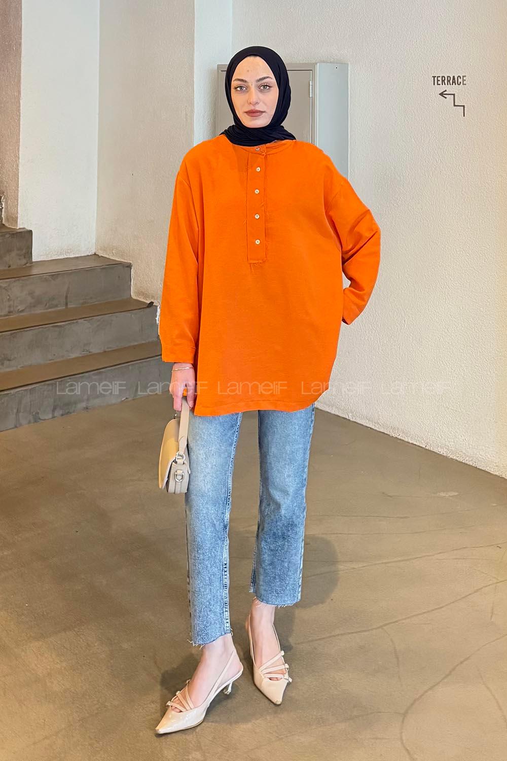 Lamelif Keten Bluz Turuncu