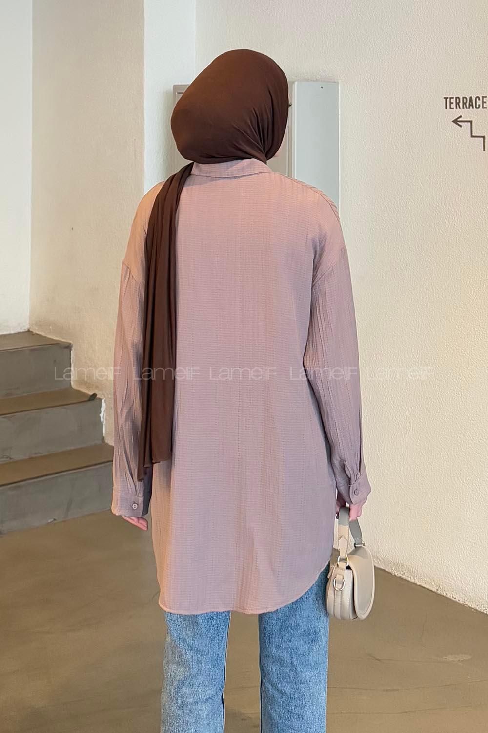 Lamelif Tek Cepli Gofre Tesettür Gömlek Soft Kahve