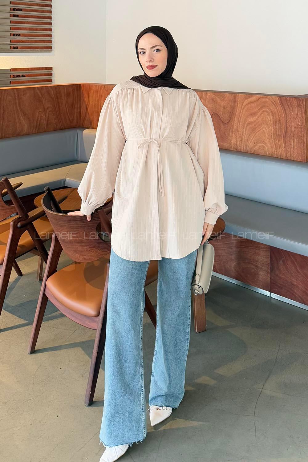 Lamelif Bağlama Detaylı Tesettür Gömlek Bej