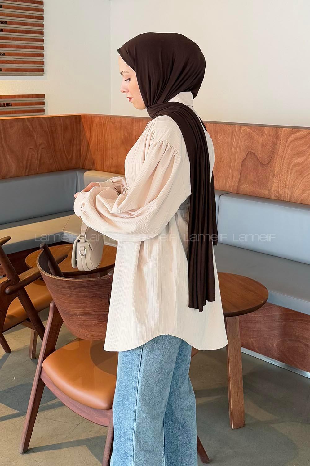 Lamelif Bağlama Detaylı Tesettür Gömlek Bej