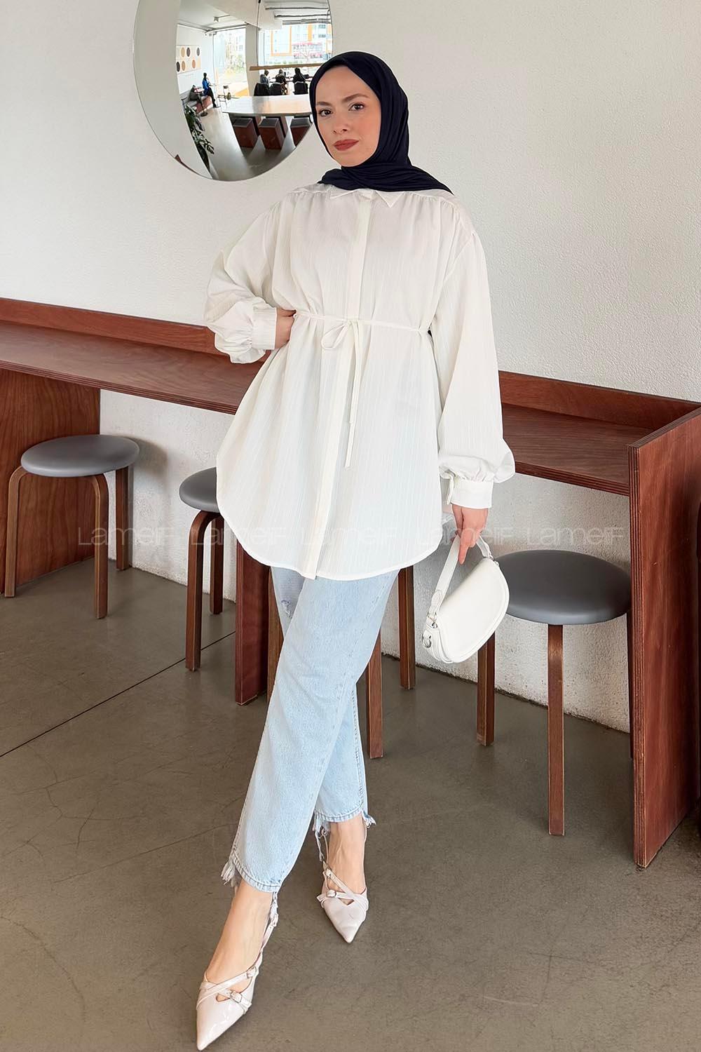 Lamelif Bağlama Detaylı Çilek Tesettür Gömlek Beyaz