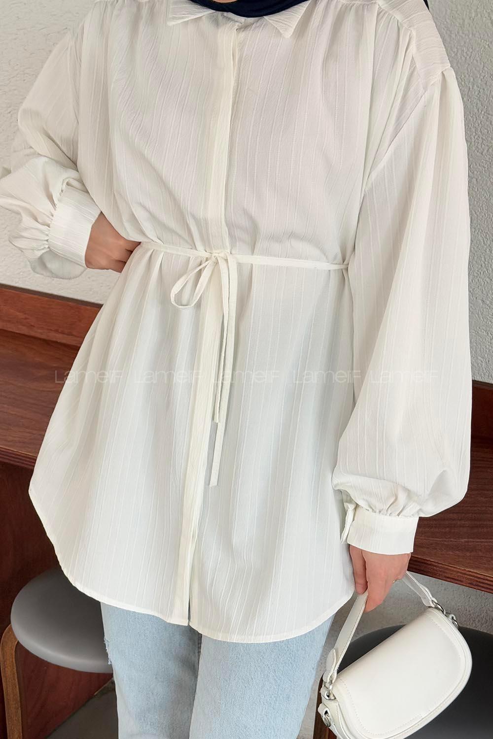 Lamelif Bağlama Detaylı Çilek Tesettür Gömlek Beyaz