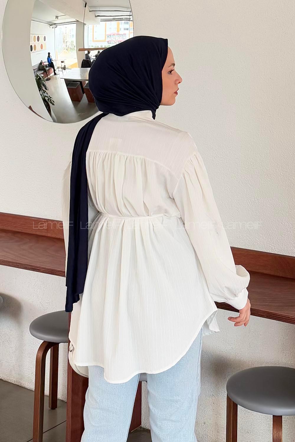 Lamelif Bağlama Detaylı Çilek Tesettür Gömlek Beyaz