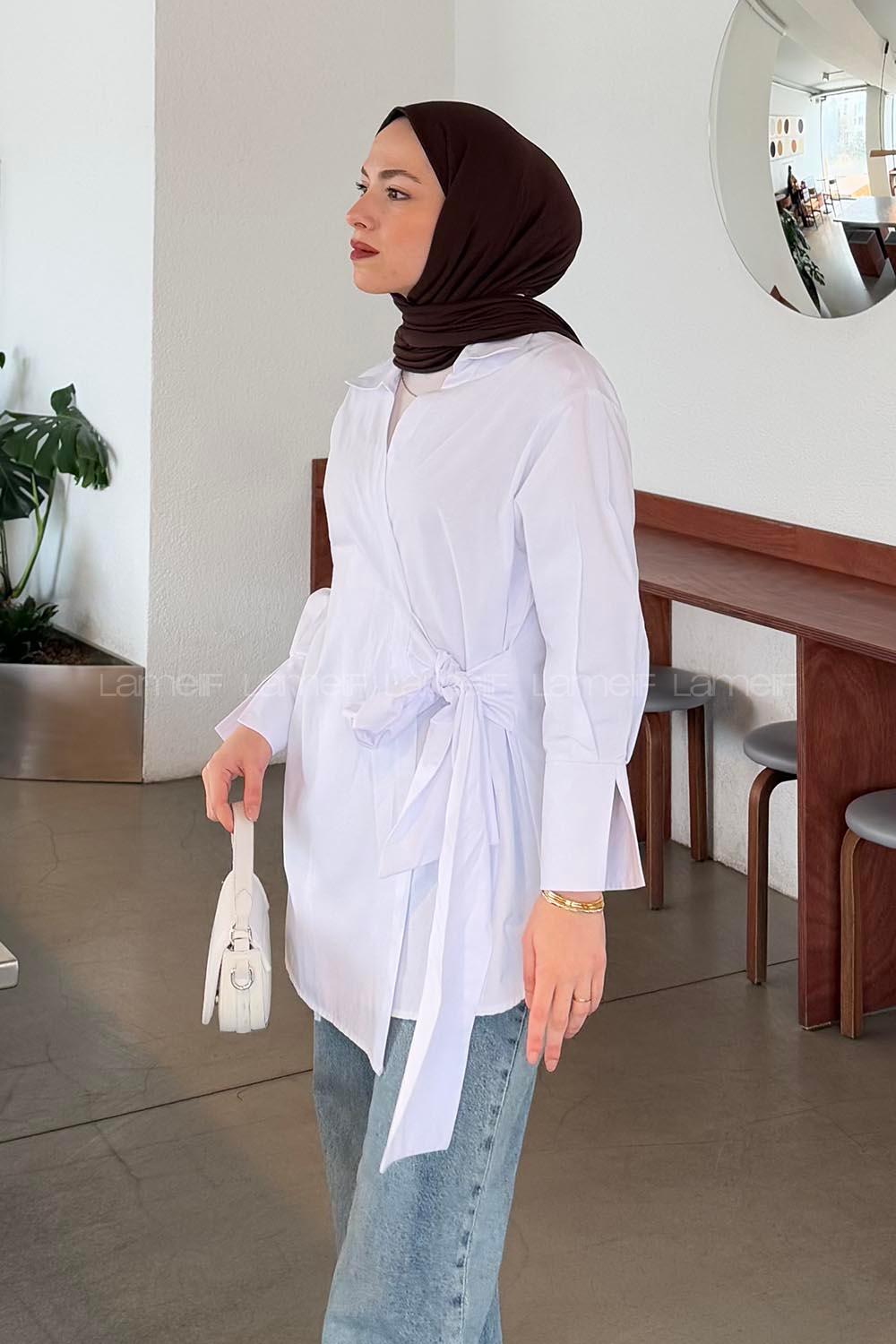Lamelif Bağlama Detaylı Tesettür Gömlek Beyaz