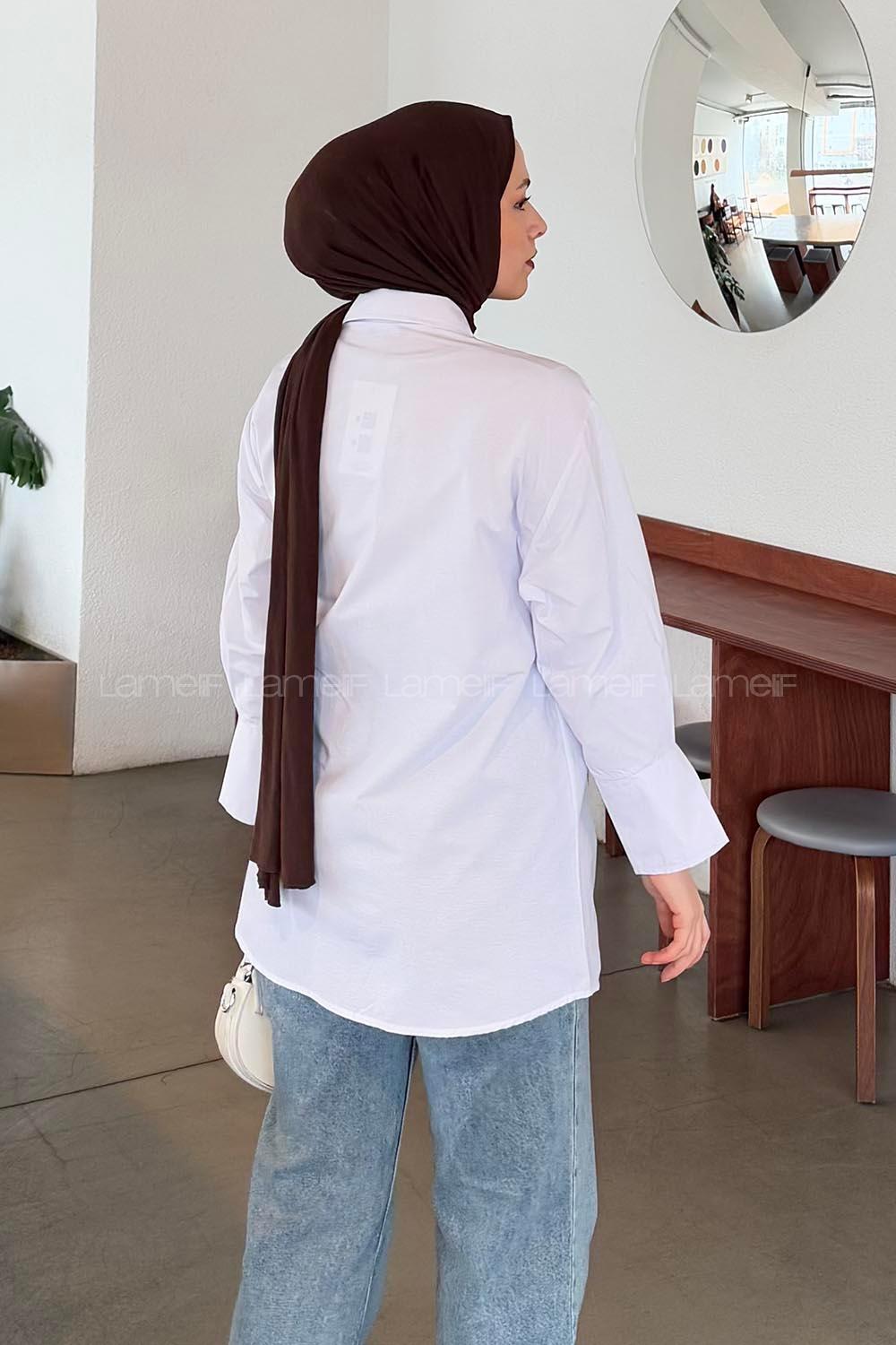 Lamelif Bağlama Detaylı Tesettür Gömlek Beyaz