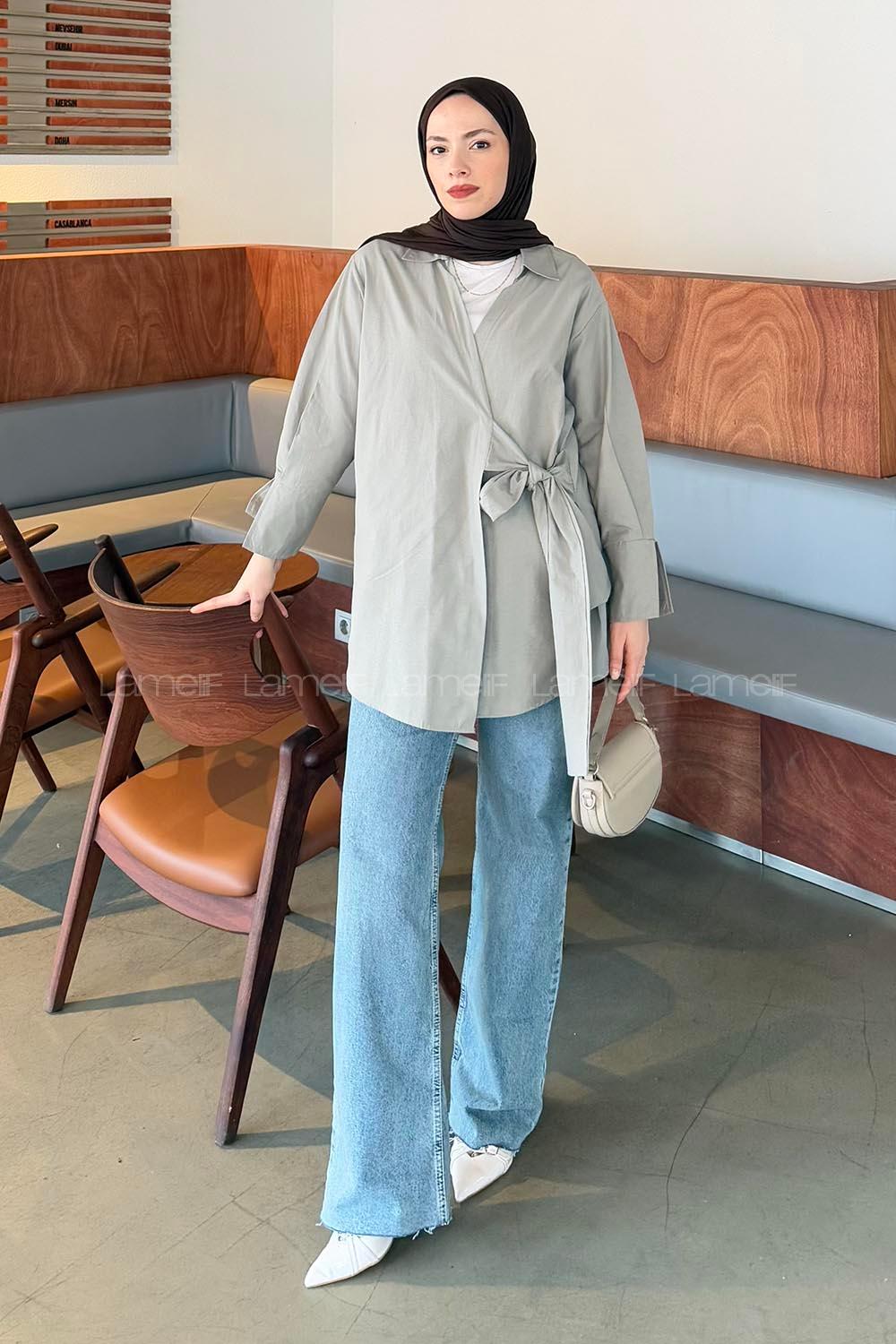Lamelif Bağlama Detaylı Tesettür Gömlek Haki
