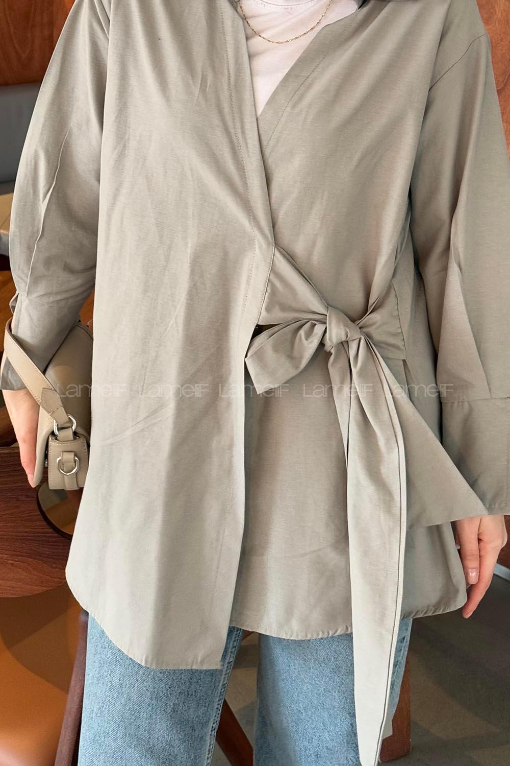 Lamelif Bağlama Detaylı Tesettür Gömlek Haki