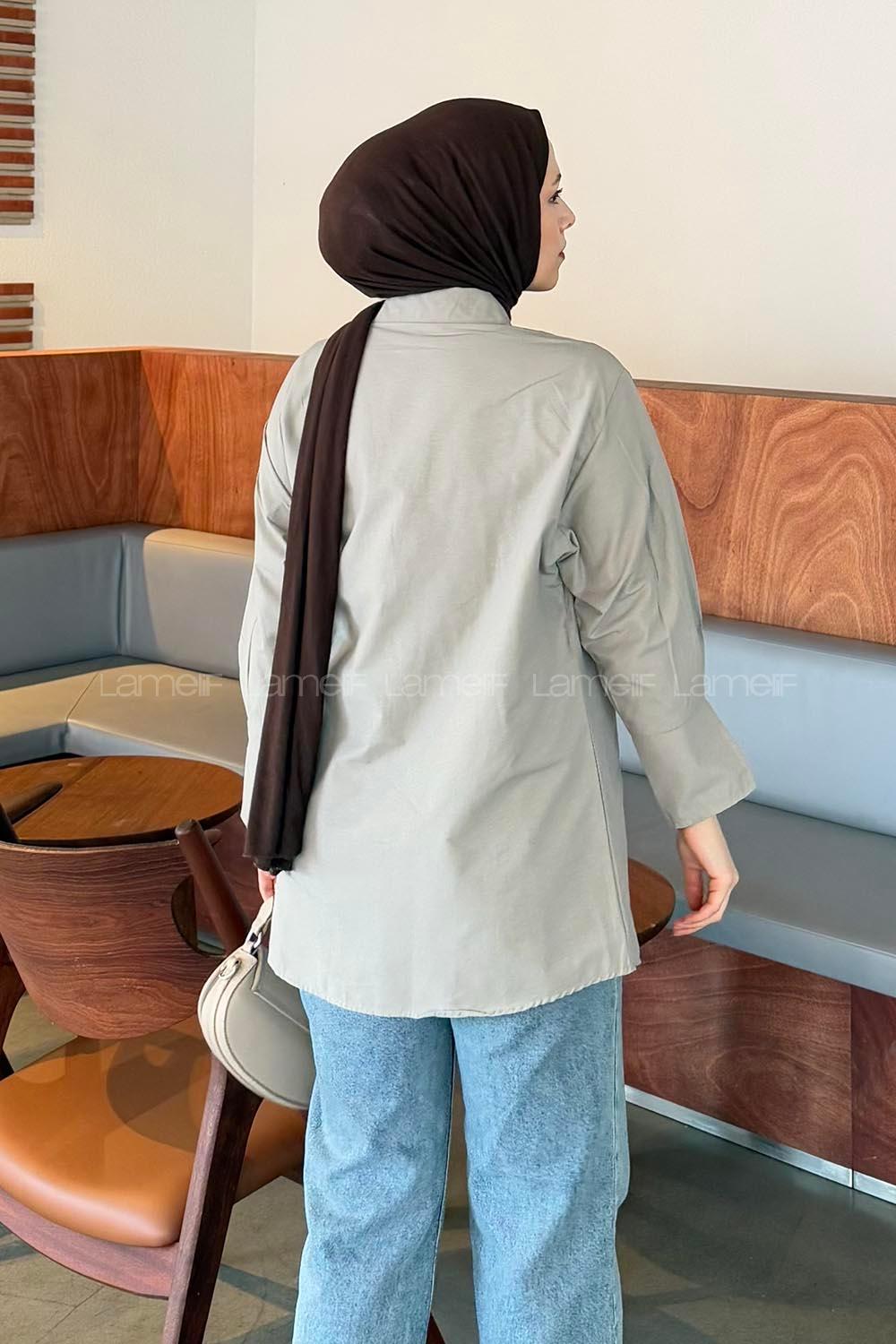 Lamelif Bağlama Detaylı Tesettür Gömlek Haki