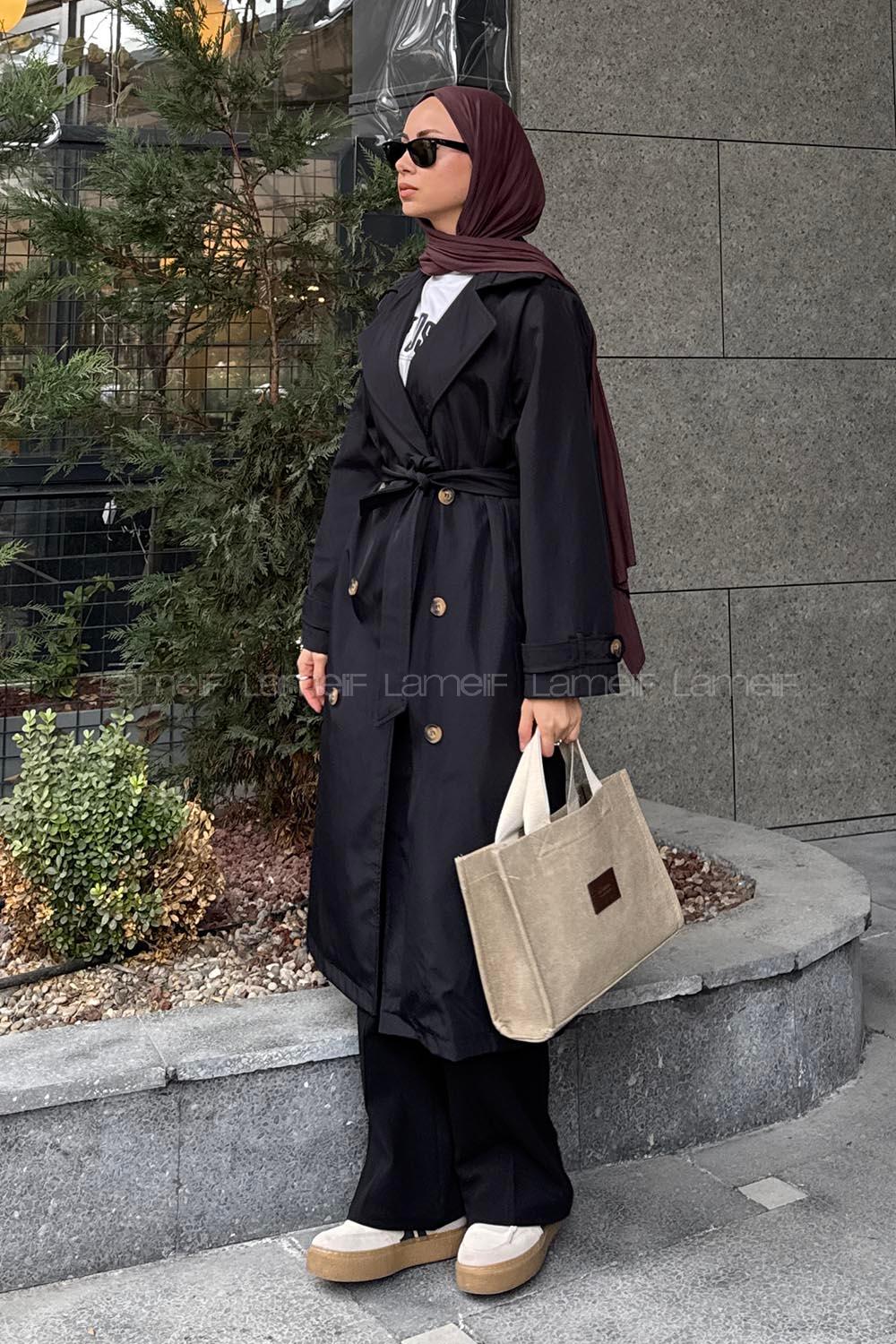 Lamelif Kuşak Bağlama Detaylı Trenç Siyah