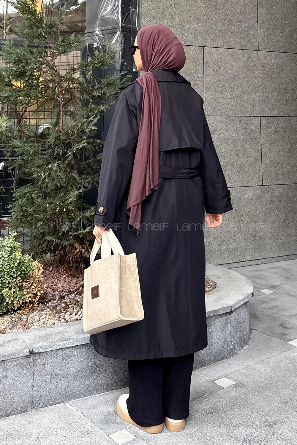 Lamelif Kuşak Bağlama Detaylı Trenç Siyah