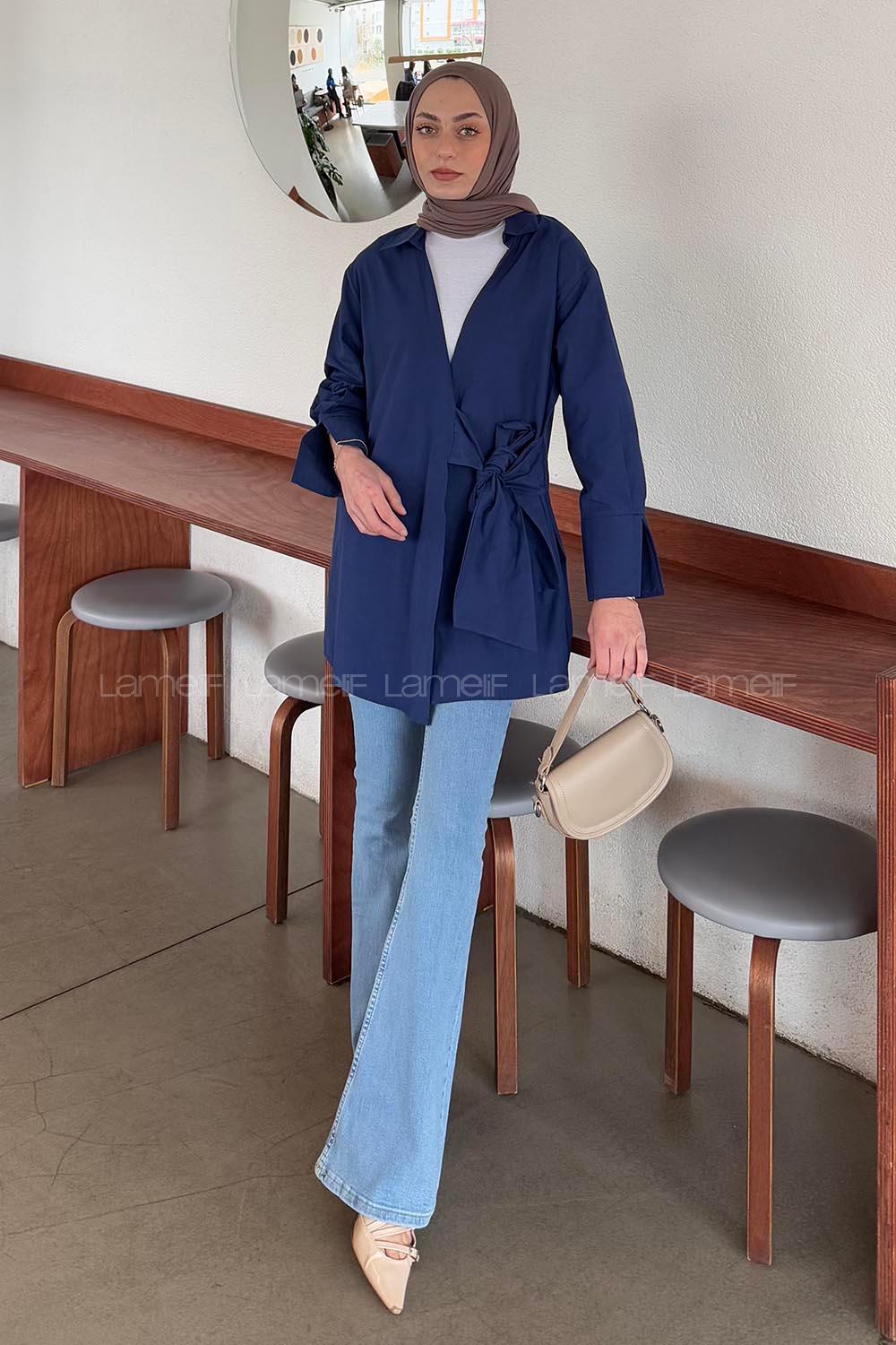 Lamelif Bağlama Detaylı Tesettür Gömlek Lacivert
