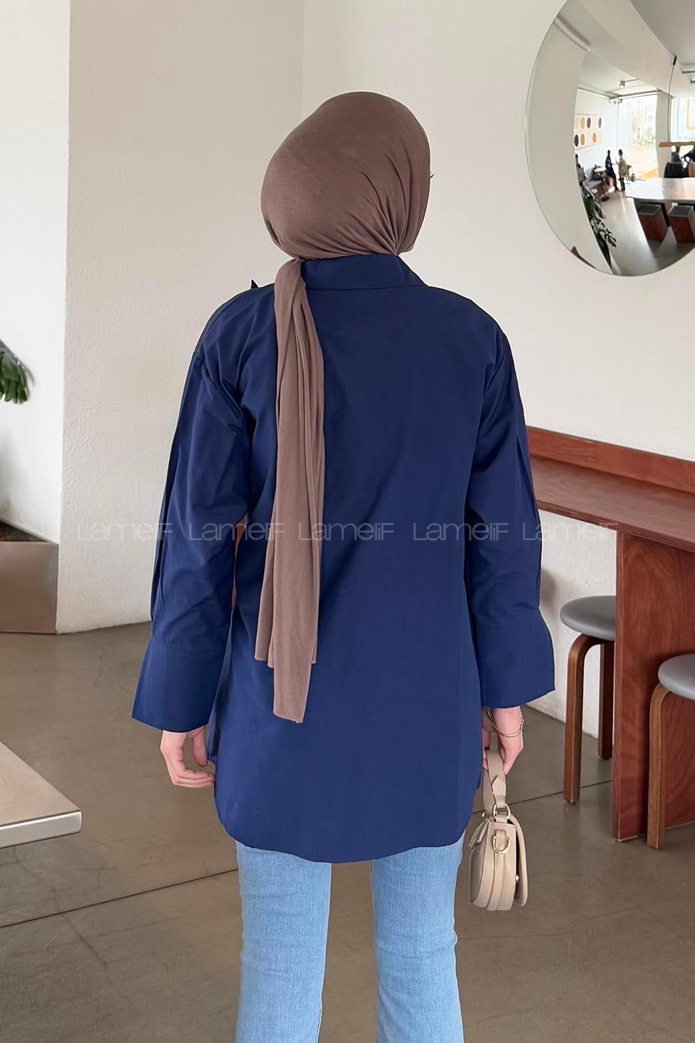Lamelif Bağlama Detaylı Tesettür Gömlek Lacivert