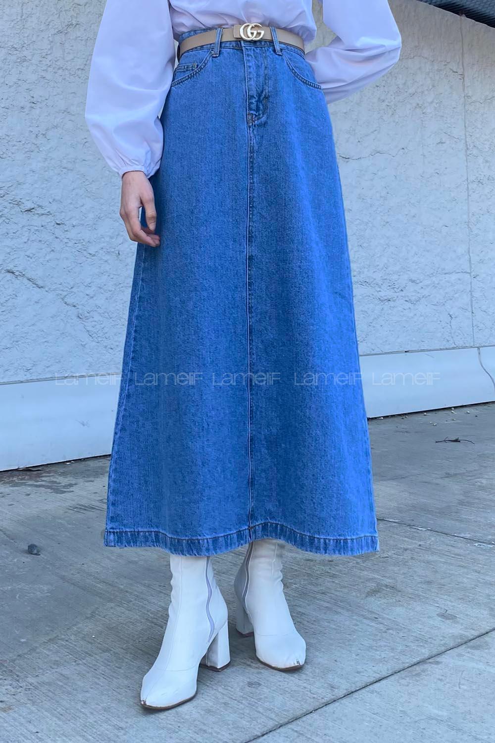 Light Blue Denim Unprinted Straight Skirt Skirt