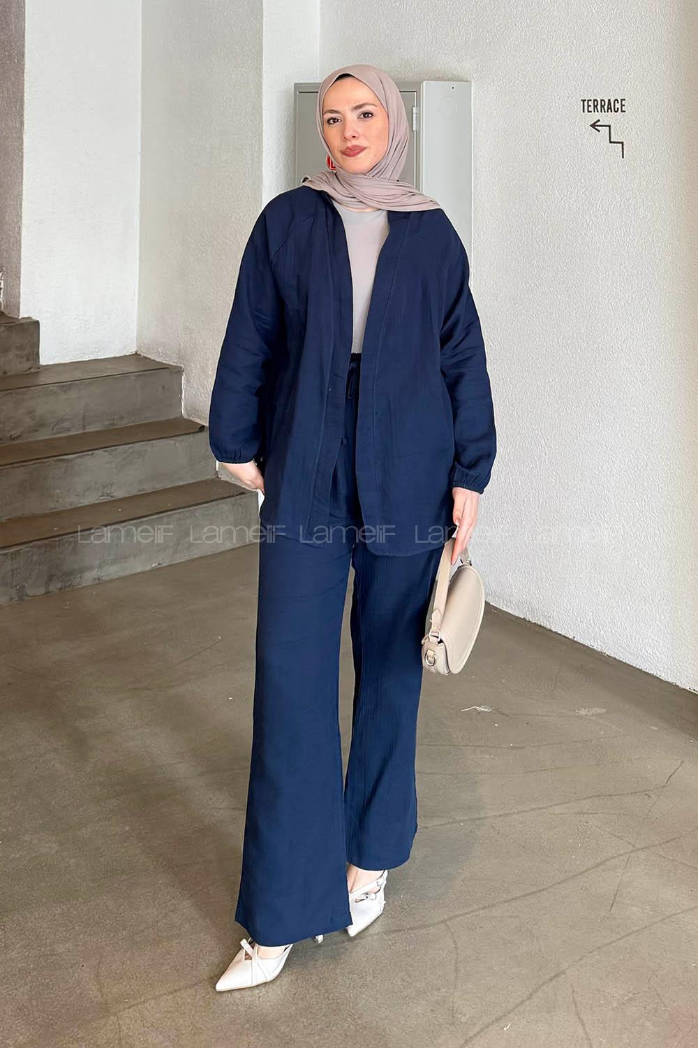 Lamelif Müslin Kimono İkili Tesettür Takım Lacivert