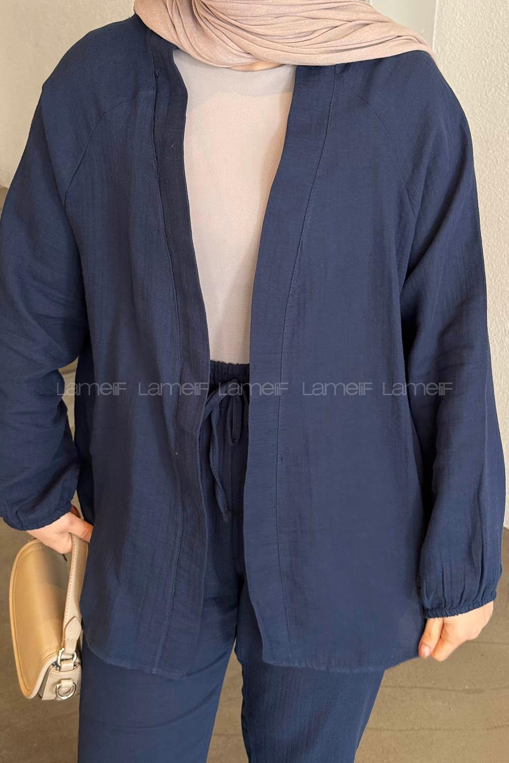 Lamelif Müslin Kimono İkili Tesettür Takım Lacivert